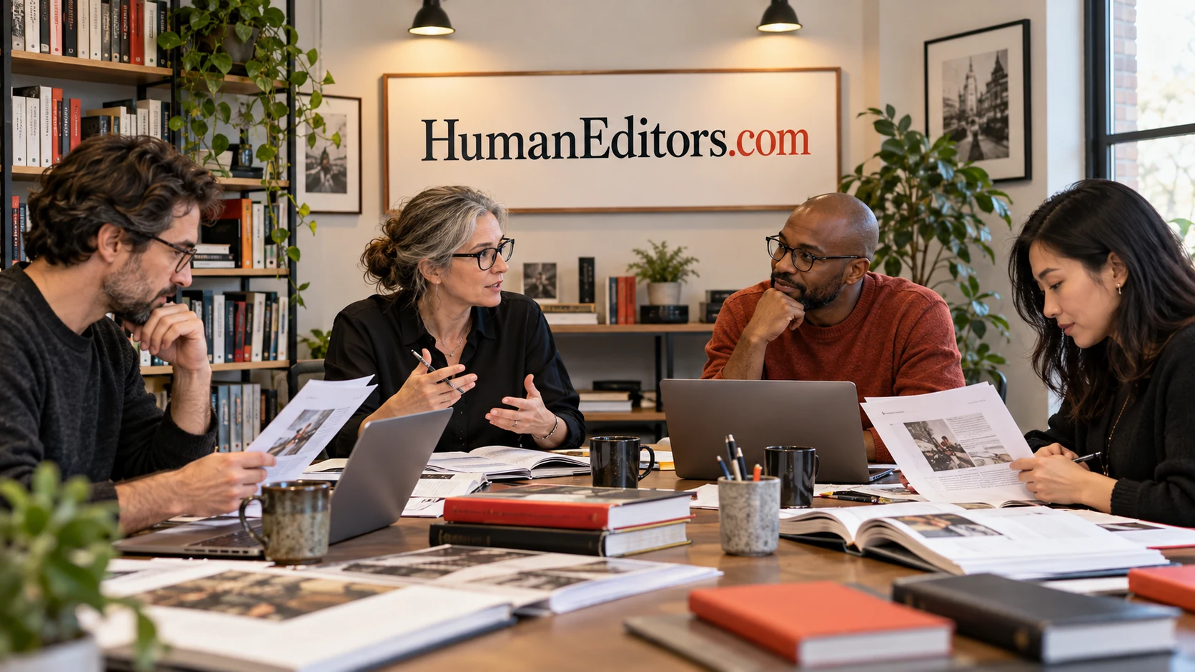 A team of editors discussing a publication