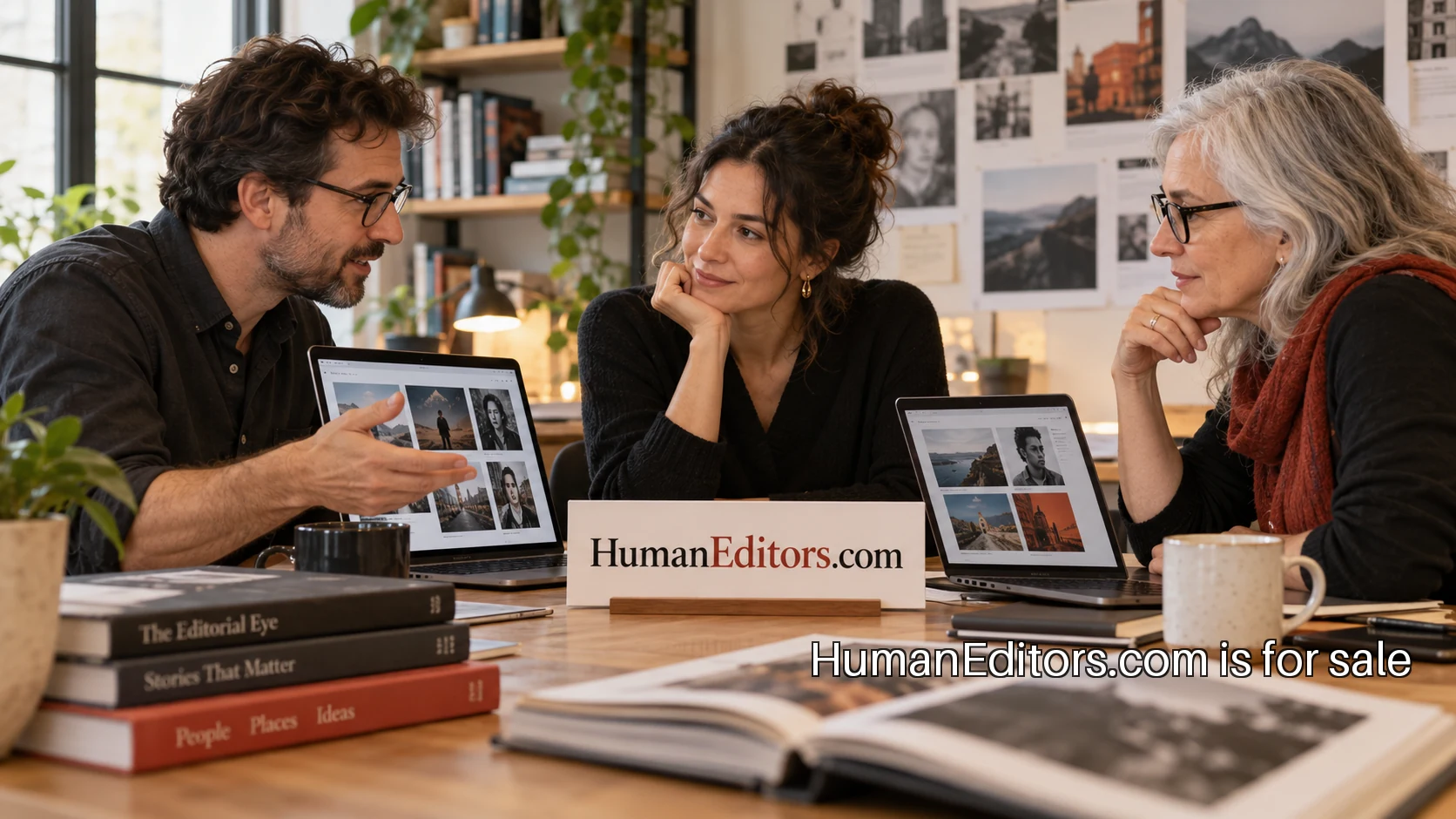 Specialist editors collaborating around laptops in person